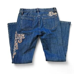 Y2k mcbling mall core embroidered "Rock n' Rose" low rise blue jeans wmns 4P 29"